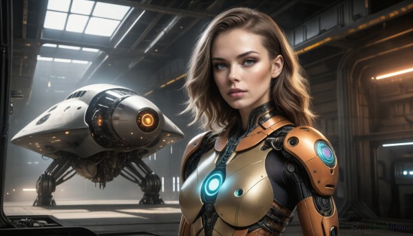 HQ,1girl,solo,long hair,breasts,looking at viewer,blue eyes,blonde hair,brown hair,medium breasts,upper body,parted lips,indoors,signature,medium hair,armor,lips,bodysuit,makeup,glowing,robot,mecha,forehead,headwear removed,freckles,science fiction,realistic,nose,cyborg,spacecraft,window,machinery,dirty,cyberpunk