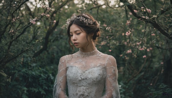 1girl,solo,short hair,blue eyes,brown hair,black hair,hair ornament,dress,upper body,flower,outdoors,hair flower,white dress,blurry,tree,lips,see-through,depth of field,blurry background,looking away,tiara,nature,forest,realistic,head wreath,bride,breasts,jewelry,earrings,parted lips,day,necklace,hair bun,looking to the side,single hair bun,branch