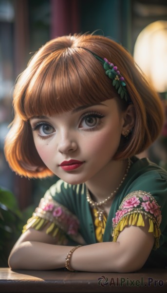 1girl,solo,looking at viewer,short hair,bangs,brown hair,hair ornament,dress,brown eyes,jewelry,closed mouth,upper body,flower,short sleeves,hairband,earrings,parted lips,artist name,hair flower,blunt bangs,necklace,mole,blurry,bracelet,lips,eyelashes,makeup,depth of field,blurry background,crossed arms,bob cut,lipstick,child,freckles,beads,realistic,nose,red lips,female child,pearl necklace,mascara,blush,shirt,watermark,table