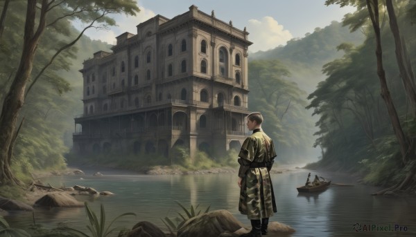 solo,short hair,brown hair,black hair,long sleeves,1boy,standing,male focus,boots,outdoors,sky,day,pointy ears,pants,cloud,water,from behind,black footwear,tree,grass,building,nature,scenery,forest,reflection,robe,rock,fantasy,watercraft,house,bridge,river,boat,lake,cloudy sky