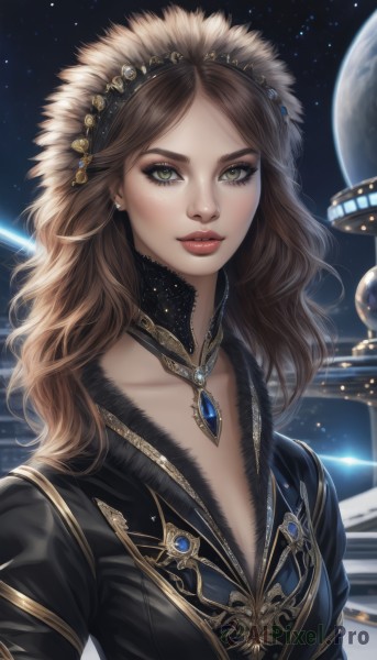 1girl,solo,long hair,breasts,looking at viewer,smile,brown hair,hair ornament,dress,cleavage,jewelry,green eyes,collarbone,upper body,hairband,earrings,parted lips,sky,choker,necklace,lips,eyelashes,makeup,gem,star (sky),starry sky,freckles,realistic,nose,headdress,red lips,space,planet,earth (planet),bangs,yellow eyes,wavy hair,lipstick