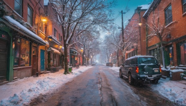 outdoors, sky, tree, no humans, window, night, ground vehicle, building, scenery, motor vehicle, snow, snowing, sign, car, road, winter, power lines, lamppost, bare tree, street