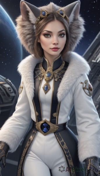 1girl,solo,looking at viewer,brown hair,gloves,animal ears,brown eyes,jewelry,closed mouth,cowboy shot,earrings,black gloves,pants,hood,lips,coat,fur trim,makeup,lipstick,brooch,goggles,gauntlets,gem,star (sky),eyeshadow,hood up,goggles on head,animal hood,white pants,nose,white coat,red lips,space,planet,breasts,short hair,long sleeves,standing,artist name,bodysuit,fake animal ears,wolf ears,realistic,earth (planet)