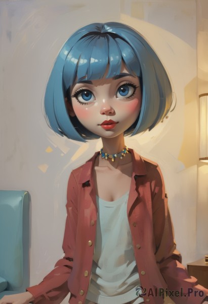 1girl,solo,breasts,looking at viewer,blush,short hair,bangs,blue eyes,shirt,long sleeves,cleavage,jewelry,sitting,closed mouth,blue hair,collarbone,jacket,white shirt,upper body,small breasts,open clothes,choker,shiny,indoors,blunt bangs,necklace,open jacket,lips,eyelashes,makeup,buttons,chair,bob cut,looking up,lipstick,red jacket,unbuttoned,red lips,lamp,mascara,cardigan,freckles,nose