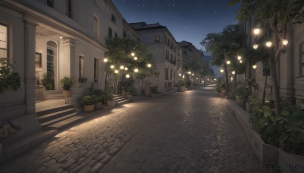 outdoors,sky,tree,no humans,window,night,shadow,plant,building,star (sky),night sky,scenery,starry sky,stairs,door,potted plant,light,road,lamp,bush,house,lamppost,street,flower pot,balcony,lantern,path,pavement,stone stairs