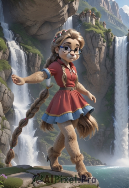 1girl,solo,long hair,breasts,looking at viewer,smile,brown hair,hair ornament,dress,animal ears,brown eyes,very long hair,closed mouth,standing,tail,full body,braid,flower,short sleeves,small breasts,outdoors,sky,glasses,day,belt,artist name,cloud,water,black eyes,twin braids,blue sky,watermark,red dress,grass,monster girl,furry,walking,black-framed eyewear,rock,mountain,round eyewear,furry female,absurdly long hair,body fur,river,waterfall,cliff,moss,animal feet,hooves,jewelry,barefoot,tree,thick eyebrows,web address,freckles,blue-framed eyewear