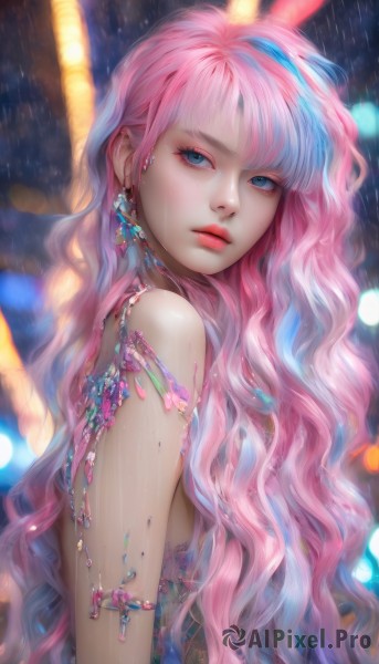 1girl,solo,long hair,breasts,looking at viewer,bangs,blue eyes,jewelry,very long hair,closed mouth,blue hair,upper body,pink hair,nude,multicolored hair,earrings,artist name,blurry,from side,lips,wet,looking to the side,makeup,depth of field,blurry background,wavy hair,gem,eyeshadow,rain,realistic,bare shoulders,sleeveless,necklace,mole,two-tone hair,eyelashes,watermark,armlet,pink lips,nose,bokeh,mascara,pearl (gemstone)