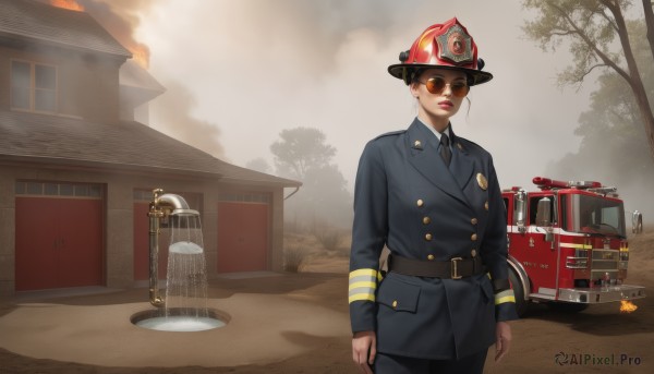 1girl,solo,looking at viewer,brown hair,shirt,black hair,long sleeves,hat,closed mouth,standing,jacket,cowboy shot,outdoors,necktie,day,collared shirt,belt,pants,uniform,tree,lips,black jacket,military,military uniform,buttons,sunglasses,helmet,fire,ground vehicle,black necktie,motor vehicle,smoke,black belt,military hat,round eyewear,red lips,double-breasted,house,tinted eyewear,cage,goggles on headwear,world war ii,soldier,birdcage,red-tinted eyewear,short hair,white shirt,sky,cloud,window,makeup,lipstick,blue jacket,building,scenery,red headwear