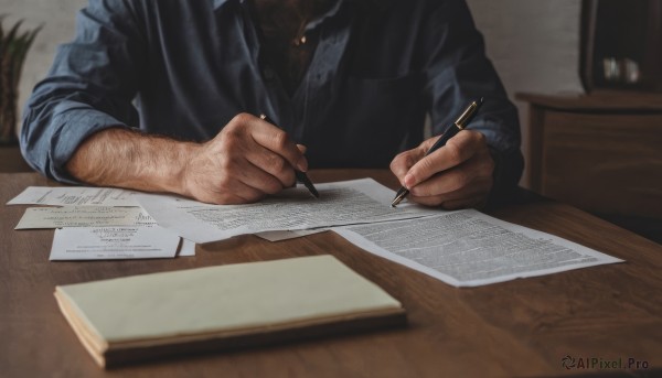 solo,shirt,long sleeves,1boy,holding,sitting,upper body,male focus,collared shirt,indoors,blurry,black shirt,blurry background,facial hair,table,blue shirt,plant,desk,sleeves rolled up,paper,realistic,stubble,head out of frame,pen,potted plant,pencil,holding pen,writing,wooden table,jacket,black jacket,book,depth of field,chair,beard,smoke,out of frame,cigarette,blurry foreground,smoking,manly