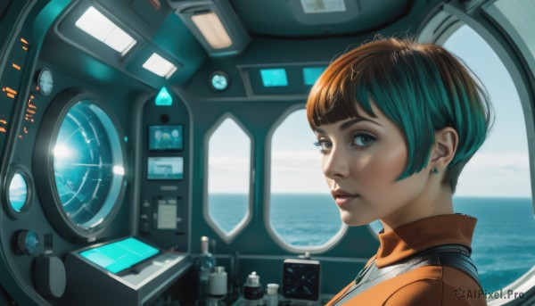 1girl,solo,looking at viewer,smile,short hair,bangs,blue eyes,brown hair,jewelry,upper body,multicolored hair,earrings,parted lips,artist name,water,from side,lips,aqua hair,makeup,ocean,watermark,lipstick,reflection,science fiction,realistic,nose,spacecraft,spacesuit,cockpit,sky,indoors,window,bob cut,bottle,portrait,scenery,horizon,space,planet,astronaut