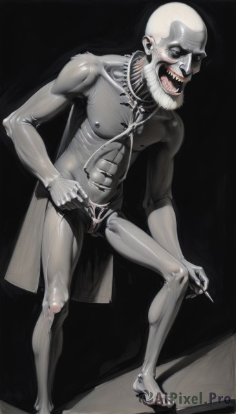 solo,looking at viewer,open mouth,1boy,holding,nipples,standing,full body,white hair,male focus,teeth,shiny,bodysuit,mask,facial hair,skin tight,beard,science fiction,bald,cyborg,latex,ribs,scissors,skeleton,horror (theme),what,needle,jewelry,barefoot,tongue,necklace,realistic,syringe,holding syringe