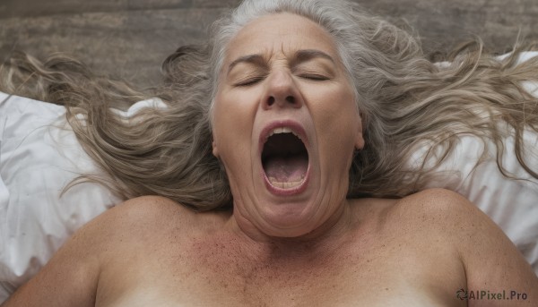 1girl,solo,long hair,open mouth,closed eyes,upper body,white hair,grey hair,nude,lying,teeth,tongue,on back,lips,parody,facing viewer,freckles,realistic,uvula,blonde hair,mole,pillow,bed,bed sheet,on bed,wrinkled skin