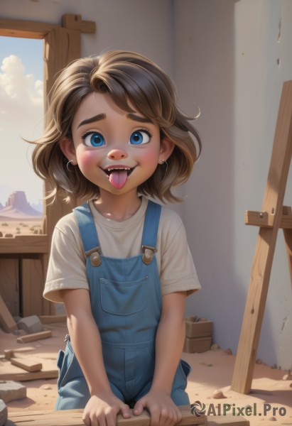 1girl,solo,looking at viewer,blush,smile,short hair,open mouth,blue eyes,brown hair,shirt,jewelry,white shirt,short sleeves,:d,earrings,outdoors,sky,teeth,day,tongue,cloud,indoors,tongue out,medium hair,loli,window,fangs,upper teeth only,t-shirt,child,female child,overalls,dirty,blue overalls,bangs,collarbone,thick eyebrows,aged down,stud earrings