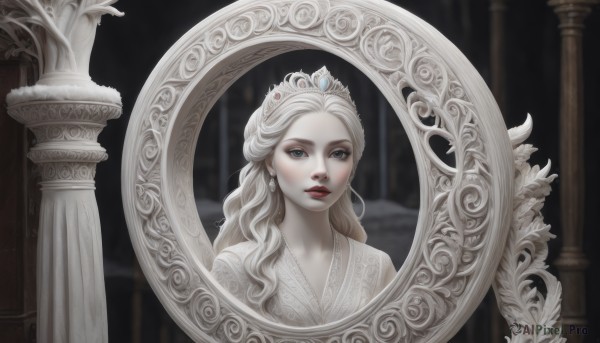 1girl,solo,long hair,looking at viewer,blue eyes,blonde hair,dress,jewelry,closed mouth,upper body,white hair,earrings,indoors,white dress,blurry,lips,grey eyes,eyelashes,makeup,blurry background,wavy hair,tiara,crown,lipstick,pale skin,portrait,reflection,mirror,realistic,red lips,pillar,white theme,princess,arch,expressionless,gem