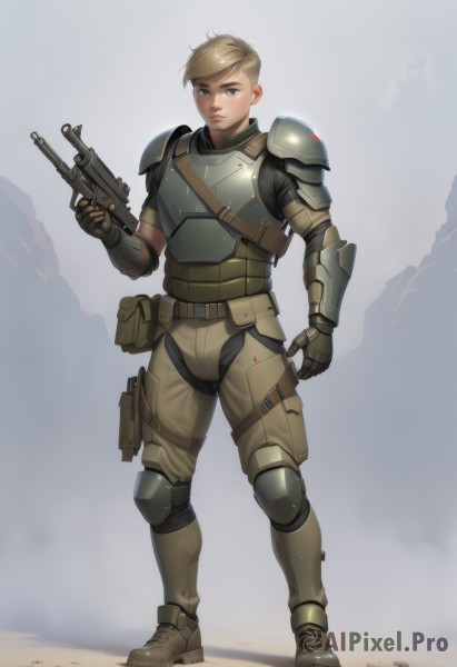 1girl,solo,looking at viewer,short hair,blue eyes,blonde hair,gloves,holding,standing,full body,weapon,boots,belt,pants,artist name,holding weapon,armor,lips,gun,shoulder armor,gauntlets,holding gun,rifle,science fiction,pouch,breastplate,mountain,knee pads,fog,simple background,white background,pauldrons,realistic,armored boots,very short hair,submachine gun,bullpup,leg armor