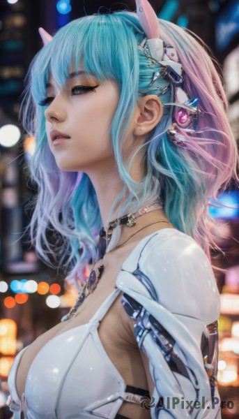 1girl,solo,breasts,short hair,open mouth,bangs,blue eyes,large breasts,hair ornament,cleavage,jewelry,medium breasts,blue hair,upper body,pink hair,multicolored hair,earrings,parted lips,horns,choker,artist name,medium hair,necklace,blurry,from side,two-tone hair,lips,gradient hair,depth of field,blurry background,headgear,piercing,science fiction,realistic,nose,mechanical arms,cyborg,cyberpunk,long hair,animal ears,swimsuit,closed eyes,sidelocks,bikini,hairband,signature,rabbit ears,eyelashes,aqua hair,skindentation,profile,makeup,night,fake animal ears,looking away,gem,eyeshadow,android,bokeh,city lights,mechanical ears