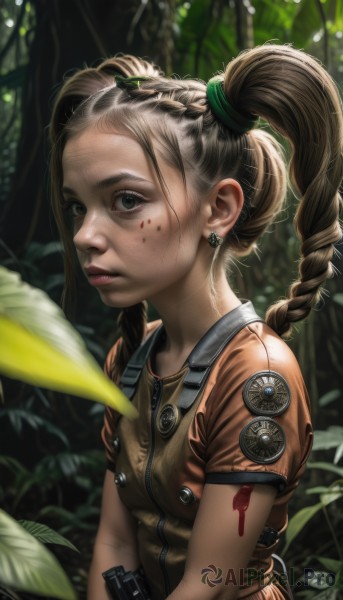 1girl,solo,long hair,breasts,looking at viewer,brown hair,twintails,jewelry,upper body,braid,short sleeves,earrings,outdoors,parted lips,blurry,twin braids,lips,grey eyes,blood,depth of field,blurry background,leaf,plant,child,nature,forest,zipper,freckles,blood on face,realistic,nose,female child,leather,badge,blue eyes,blonde hair,shirt,hair ornament,holding,closed mouth,green eyes,weapon,artist name,holding weapon,from side,gun,eyelashes,makeup,sunlight,holding gun,handgun,injury,light rays,hair tie,facepaint,blood on clothes,dirty,blood splatter,dirty face,patch