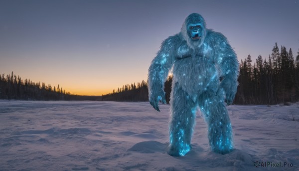 solo,open mouth,1boy,standing,male focus,outdoors,sky,teeth,hood,tree,no humans,night,glowing,colored skin,sharp teeth,star (sky),nature,scenery,glowing eyes,claws,snow,forest,starry sky,sunset,monster,ice,mountain,blue skin,giant,winter,bear,kaijuu,fangs,snowing