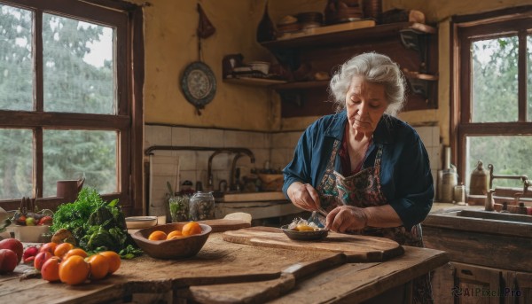 solo,short hair,shirt,1boy,holding,jewelry,closed mouth,closed eyes,upper body,white hair,grey hair,male focus,food,day,indoors,necklace,apron,tree,window,fruit,facial hair,scar,chair,table,bottle,blue shirt,knife,beard,scar on face,plate,sleeves rolled up,bowl,spoon,clock,basket,carrot,old,old man,cooking,ladle,orange (fruit),kitchen,tomato,vegetable,sink,spatula,counter,old woman,kitchen knife,wrinkled skin,cutting board,onion,1girl,sitting,hair bun,single hair bun,plant,realistic,jar,lemon,faucet,stove