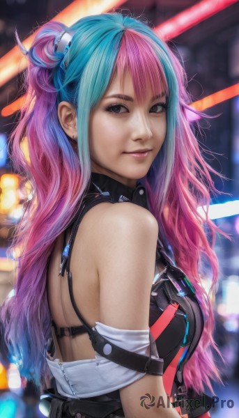 1girl,solo,long hair,breasts,looking at viewer,smile,bangs,hair ornament,bare shoulders,jewelry,medium breasts,closed mouth,blue hair,upper body,pink hair,multicolored hair,earrings,looking back,blurry,black eyes,two-tone hair,lips,blurry background,freckles,realistic,nose,blue eyes,belt,artist name,signature,from behind,bra,collar,from side,grey eyes,gradient hair,watermark,piercing,strap