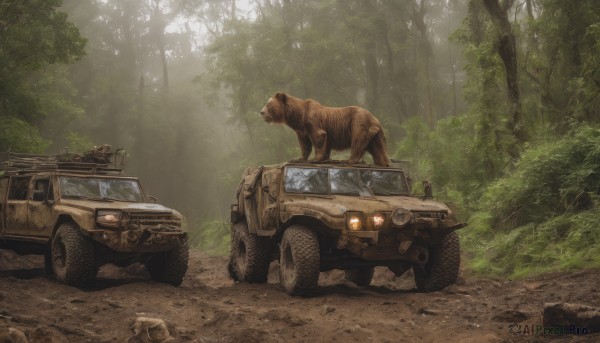 outdoors,day,tree,military,no humans,grass,ground vehicle,nature,scenery,motor vehicle,forest,realistic,military vehicle,car,tank,vehicle focus,caterpillar tracks,truck,tire,weapon,gun,animal,tanuki