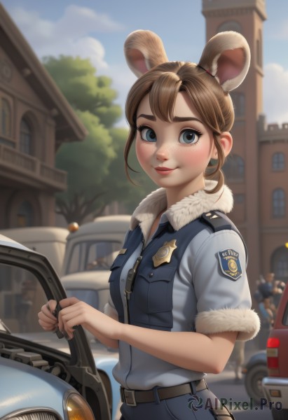 1girl,solo,breasts,looking at viewer,blush,smile,short hair,bangs,blue eyes,brown hair,shirt,animal ears,closed mouth,short sleeves,small breasts,outdoors,parted lips,sky,solo focus,day,collared shirt,belt,pants,cloud,blurry,uniform,vest,tree,blue sky,lips,fur trim,depth of field,blurry background,blue shirt,denim,ground vehicle,building,motor vehicle,freckles,fur collar,pocket,mouse ears,car,badge,police,police uniform,policewoman,mouse girl,holding,standing,upper body,ponytail,sidelocks,artist name,rabbit ears,eyelashes,window,thick eyebrows,extra ears,buckle,low ponytail,zipper,short ponytail,black belt,belt buckle,nose,blue pants,brown belt,zipper pull tab,blue vest,humanization,steering wheel