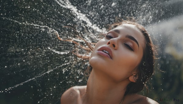 1girl,solo,long hair,brown hair,black hair,bare shoulders,collarbone,closed eyes,nude,parted lips,teeth,water,blurry,lips,makeup,blurry background,portrait,star (sky),underwater,realistic,short hair,jewelry,mole,thick eyebrows