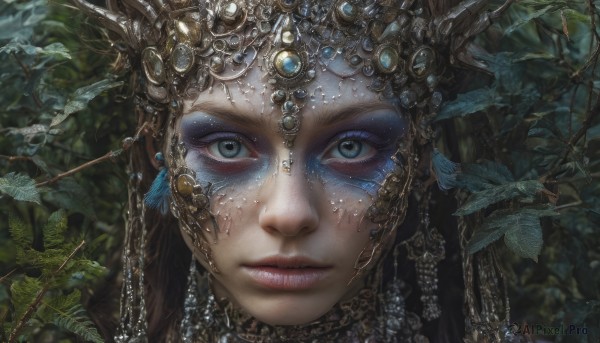 1girl,solo,long hair,looking at viewer,blue eyes,brown hair,black hair,hair ornament,jewelry,closed mouth,earrings,outdoors,artist name,necklace,blurry,lips,grey eyes,eyelashes,makeup,leaf,facial mark,feathers,plant,gem,portrait,nature,close-up,eyeshadow,freckles,circlet,realistic,red lips,eyeliner,dappled sunlight,mascara,green eyes,headpiece,headdress