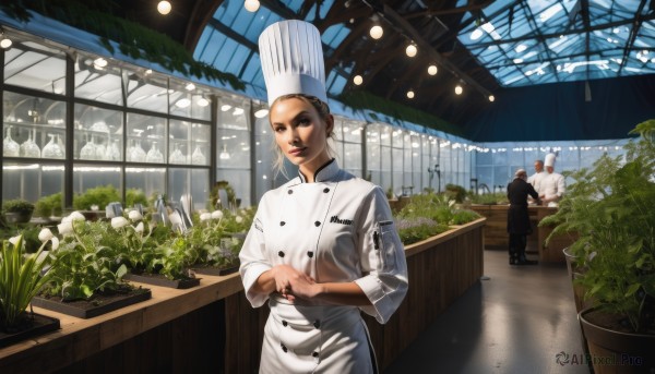 1girl,looking at viewer,multiple girls,blonde hair,1boy,hat,2girls,standing,flower,white hair,multiple boys,solo focus,indoors,2boys,buttons,plant,realistic,potted plant,ceiling,chef hat,chef,short hair,brown hair,black hair,brown eyes,male focus,apron,makeup,lipstick,scenery,6+boys,double-breasted