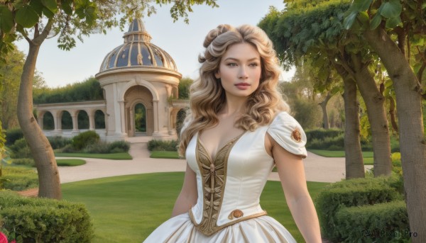 1girl,solo,long hair,breasts,looking at viewer,smile,blonde hair,brown hair,dress,cleavage,brown eyes,medium breasts,closed mouth,upper body,flower,short sleeves,outdoors,sky,day,white dress,tree,lips,rose,wavy hair,grass,plant,building,nature,corset,curly hair,realistic,nose,fantasy,bush,castle,arch,garden,leaf