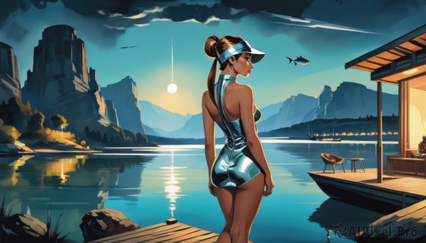 1girl,solo,long hair,breasts,brown hair,bare shoulders,brown eyes,medium breasts,standing,swimsuit,ass,outdoors,sky,looking back,cloud,dark skin,water,hair bun,from behind,dark-skinned female,lips,one-piece swimsuit,makeup,night,moon,single hair bun,lipstick,scenery,reflection,sunset,rock,mountain,visor cap,sun,watercraft,river,boat,dress,jewelry,ponytail,earrings,striped,headband,halterneck,back,short dress,strapless dress,nose,lake