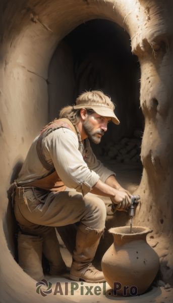 solo,blonde hair,shirt,1boy,hat,holding,full body,white shirt,ponytail,male focus,boots,pants,vest,from side,facial hair,brown footwear,squatting,beard,realistic,mustache,statue,looking at viewer,short hair,long sleeves,white hair,collared shirt,belt,lips,torn clothes,profile,headband,thick eyebrows,sleeves rolled up,sideburns,white pants,one knee,manly,brown pants