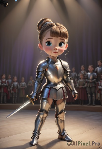 1girl,looking at viewer,blush,smile,short hair,blue eyes,brown hair,holding,closed mouth,standing,full body,weapon,boots,solo focus,sword,indoors,hair bun,holding weapon,armor,lips,holding sword,single hair bun,shoulder armor,gauntlets,child,6+boys,pauldrons,breastplate,female child,armored boots,greaves,faulds,knight,full armor,spotlight,chainmail,plate armor,solo,bangs,hair ornament,gloves,multiple boys,stage