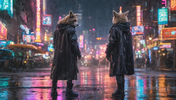 animal ears, standing, boots, outdoors, from behind, blurry, coat, fur trim, night, furry, reflection, rain, black coat, city, hands in pockets, facing away, road, furry male, street, city lights, neon lights