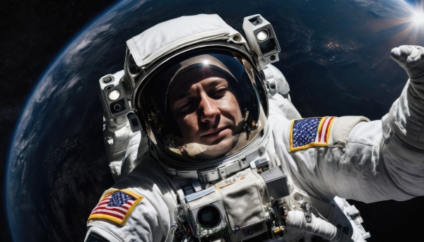 solo,gloves,1boy,closed eyes,upper body,male focus,facial hair,helmet,science fiction,realistic,mustache,sun,space,planet,earth (planet),american flag,spacesuit,japanese flag,astronaut,moon,pointing,reflection,thumbs up,flag print,space helmet,united states,american flag print