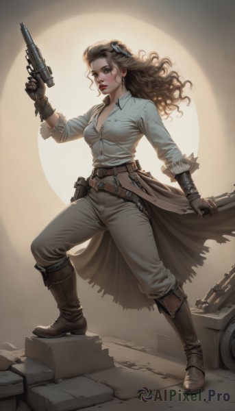 1girl,solo,long hair,breasts,looking at viewer,brown hair,shirt,hair ornament,gloves,holding,cleavage,brown eyes,jewelry,medium breasts,standing,full body,weapon,earrings,boots,parted lips,black gloves,belt,pants,signature,holding weapon,lips,gun,makeup,wavy hair,brown footwear,knee boots,lipstick,holding gun,buckle,brown gloves,handgun,backlighting,freckles,curly hair,pouch,nose,red lips,brown belt,holster,grey pants,partially unbuttoned,revolver,finger on trigger,steampunk,leather boots,blush,underwear,white shirt,collared shirt,bra,coat,buttons,realistic,unbuttoned,long coat