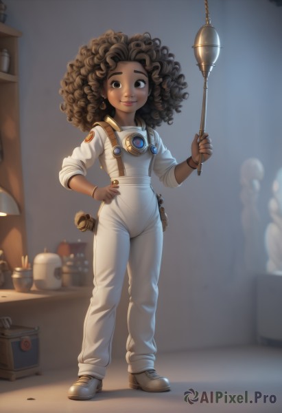 1girl,solo,long hair,looking at viewer,smile,brown hair,brown eyes,jewelry,standing,full body,shoes,solo focus,indoors,dark skin,bracelet,dark-skinned female,lips,hand on hip,goggles,curly hair,nose,overalls,big hair,very dark skin,afro,black hair,holding,closed mouth,earrings,artist name,blurry,black eyes,bodysuit,blurry background,thick eyebrows,badge,button badge