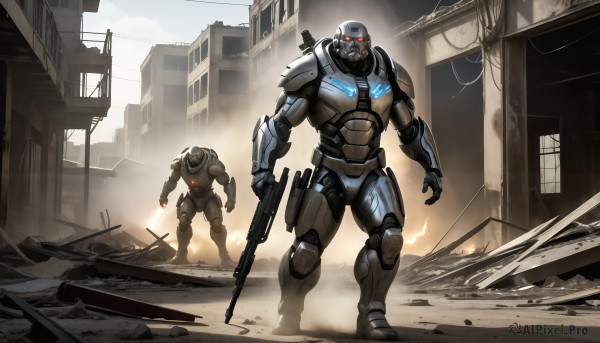 HQ,red eyes,1boy,holding,standing,weapon,male focus,multiple boys,2boys,holding weapon,armor,gun,glowing,helmet,robot,shoulder armor,building,holding gun,mecha,glowing eyes,rifle,science fiction,city,realistic,assault rifle,cable,ruins,power armor,dust,power suit,sword,electricity,cyborg,soldier,arm blade