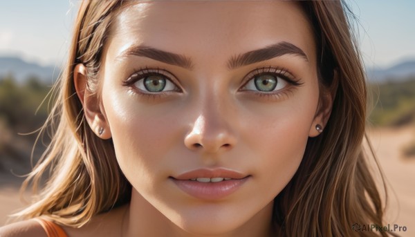 1girl,solo,long hair,looking at viewer,smile,blue eyes,brown hair,jewelry,green eyes,earrings,outdoors,parted lips,teeth,day,blurry,lips,eyelashes,depth of field,blurry background,piercing,thick eyebrows,portrait,close-up,forehead,freckles,realistic,nose,stud earrings,blonde hair,sky