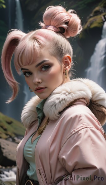 1girl,solo,breasts,looking at viewer,bangs,blonde hair,shirt,long sleeves,cleavage,brown eyes,jewelry,medium breasts,closed mouth,jacket,upper body,ponytail,pink hair,earrings,outdoors,parted lips,open clothes,belt,artist name,signature,hood,water,necklace,hair bun,blurry,open jacket,lips,coat,grey eyes,fur trim,eyelashes,makeup,depth of field,blurry background,single hair bun,hood down,high ponytail,lipstick,hooded jacket,buckle,zipper,fur collar,open coat,hoop earrings,realistic,nose,hair tie,fur-trimmed coat,waterfall,mascara,fur coat,parka,from side,piercing,blue shirt,ear piercing,eyeshadow,green shirt