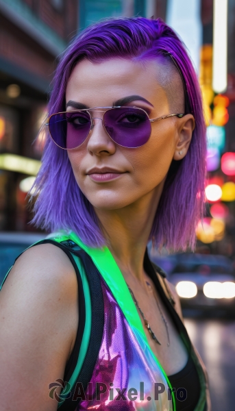 1girl,solo,breasts,looking at viewer,smile,short hair,jewelry,closed mouth,upper body,purple hair,earrings,sleeveless,medium hair,necklace,blurry,lips,makeup,blurry background,watermark,piercing,sunglasses,tank top,lipstick,web address,eyeshadow,asymmetrical hair,realistic,nose,stud earrings,eyeliner,undercut,tinted eyewear,purple lips,mascara,purple-tinted eyewear,bare shoulders,artist name,dark skin,vest,dark-skinned female,thick eyebrows,forehead