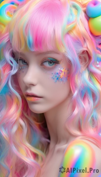 1girl,solo,long hair,looking at viewer,bangs,blue eyes,blonde hair,hair ornament,closed mouth,blue hair,collarbone,upper body,pink hair,multicolored hair,blunt bangs,aqua eyes,lips,eyelashes,makeup,wavy hair,expressionless,lipstick,portrait,eyeshadow,freckles,realistic,nose,colorful,mascara,rainbow hair,white hair,parted lips,watermark,facial mark