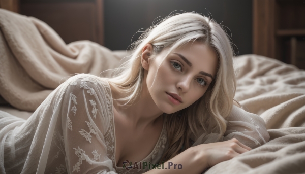 1girl,solo,long hair,breasts,looking at viewer,blue eyes,blonde hair,cleavage,medium breasts,white hair,lying,parted lips,indoors,blurry,lips,see-through,pillow,grey eyes,bed,depth of field,blurry background,on bed,on stomach,realistic,nose,blanket,under covers,nightgown,closed mouth,collarbone,upper body,bed sheet,on side,thick eyebrows,messy hair