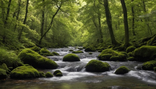 outdoors,day,water,tree,no humans,sunlight,nature,scenery,forest,rock,green theme,river,stream,plant,light rays,branch,waterfall,moss