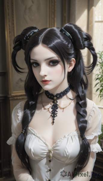 1girl,solo,long hair,breasts,looking at viewer,bangs,black hair,long sleeves,dress,cleavage,twintails,jewelry,medium breasts,closed mouth,collarbone,upper body,braid,short sleeves,frills,choker,puffy sleeves,indoors,necklace,white dress,blurry,black eyes,twin braids,puffy short sleeves,lips,see-through,eyelashes,window,makeup,blurry background,sunlight,lipstick,pale skin,hair over shoulder,forehead,realistic,red lips,layered sleeves,mascara,artist name,two side up,parted bangs,grey eyes,black choker,plant,nose,hair tie