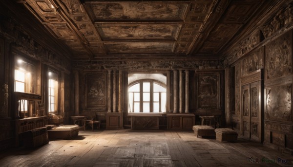 day,indoors,book,no humans,window,chair,table,sunlight,plant,box,scenery,couch,light rays,wooden floor,stairs,door,bookshelf,carpet,rug,wooden chair,desk,tiles,tile floor,painting (object),cabinet,chandelier