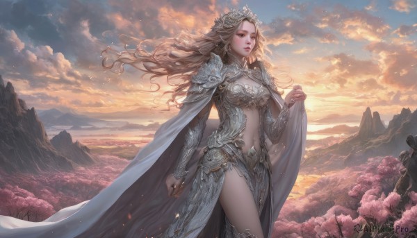 1girl,solo,long hair,breasts,blue eyes,blonde hair,thighhighs,dress,navel,cleavage,jewelry,medium breasts,standing,flower,cowboy shot,outdoors,parted lips,sky,solo focus,pointy ears,cloud,signature,cape,armor,tree,lips,clothing cutout,floating hair,cloudy sky,tiara,elf,wind,shoulder armor,nature,scenery,pauldrons,sunset,mountain,realistic,fantasy,center opening,white cape,bikini armor,mountainous horizon,1boy,earrings,midriff,petals,wavy hair,looking away,ring,crown,cherry blossoms,gem,nose,looking afar,landscape