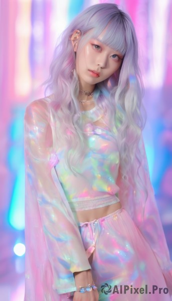 1girl,solo,long hair,breasts,looking at viewer,bangs,blue eyes,shirt,long sleeves,jewelry,closed mouth,standing,grey hair,cowboy shot,earrings,choker,midriff,pants,dark skin,blunt bangs,necklace,nail polish,blurry,bracelet,dark-skinned female,lips,head tilt,see-through,grey eyes,makeup,blurry background,wavy hair,piercing,ring,ear piercing,realistic,white hair,artist name,fashion