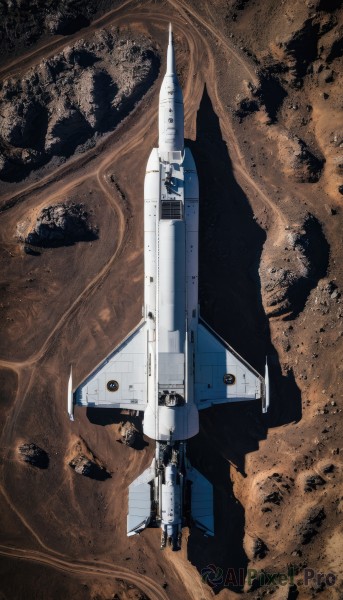 signature,military,no humans,from above,flying,science fiction,realistic,aircraft,military vehicle,airplane,vehicle focus,spacecraft,desert,jet,fighter jet,variable fighter,sand,space