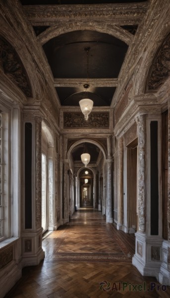 indoors,no humans,window,scenery,wooden floor,stairs,door,light,lamp,architecture,pillar,ceiling,hallway,church,arch,ceiling light,chandelier,column,water,fantasy